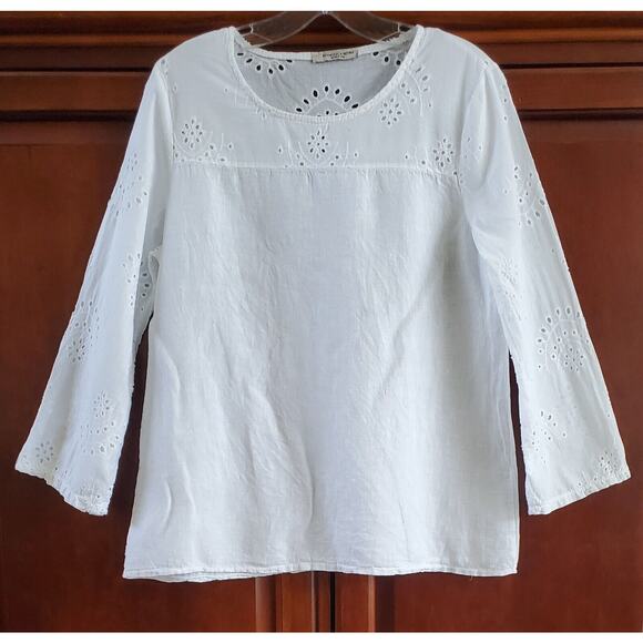 Francesca Bettini Size S White Linen Blouse Top Made in Italy Shirt Eyelet - Picture 1 of 7
